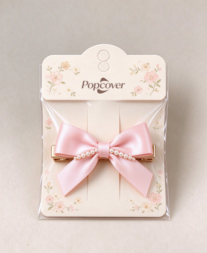 Popcover Pink Satin Bow Hair Barrettes, Elegant Pearl Decorated Bow Hair Clips, Sweet French Style Hair Barrettes for Women Girls Wedding Party Daily Hairstyle