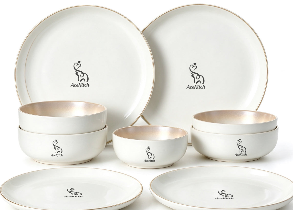 AceKitch Ceramic Dishware Set, Dinner Plates and Bowls Set, Cream White Gold Rim Porcelain Dish Set for Kitchen, Microwave & Dishwasher Safe