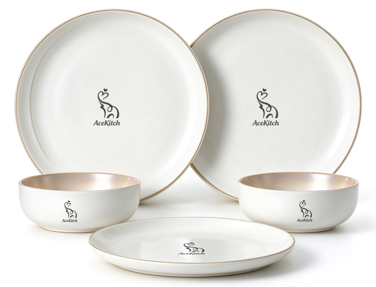 AceKitch Ceramic Dishware Set, Dinner Plates and Bowls Set, Cream White Gold Rim Porcelain Dish Set for Kitchen, Microwave & Dishwasher Safe