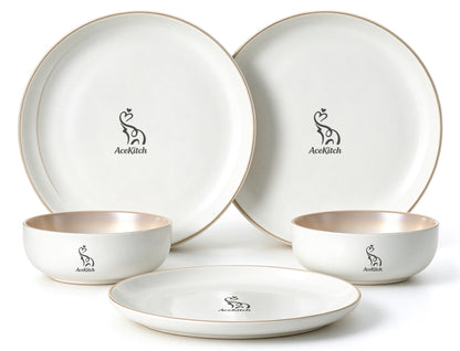 AceKitch Ceramic Dishware Set, Dinner Plates and Bowls Set, Cream White Gold Rim Porcelain Dish Set for Kitchen, Microwave & Dishwasher Safe