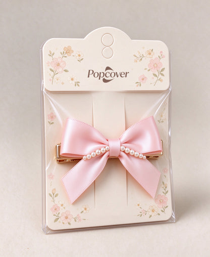 Popcover Pink Satin Bow Hair Barrettes, Elegant Pearl Decorated Bow Hair Clips, Sweet French Style Hair Barrettes for Women Girls Wedding Party Daily Hairstyle