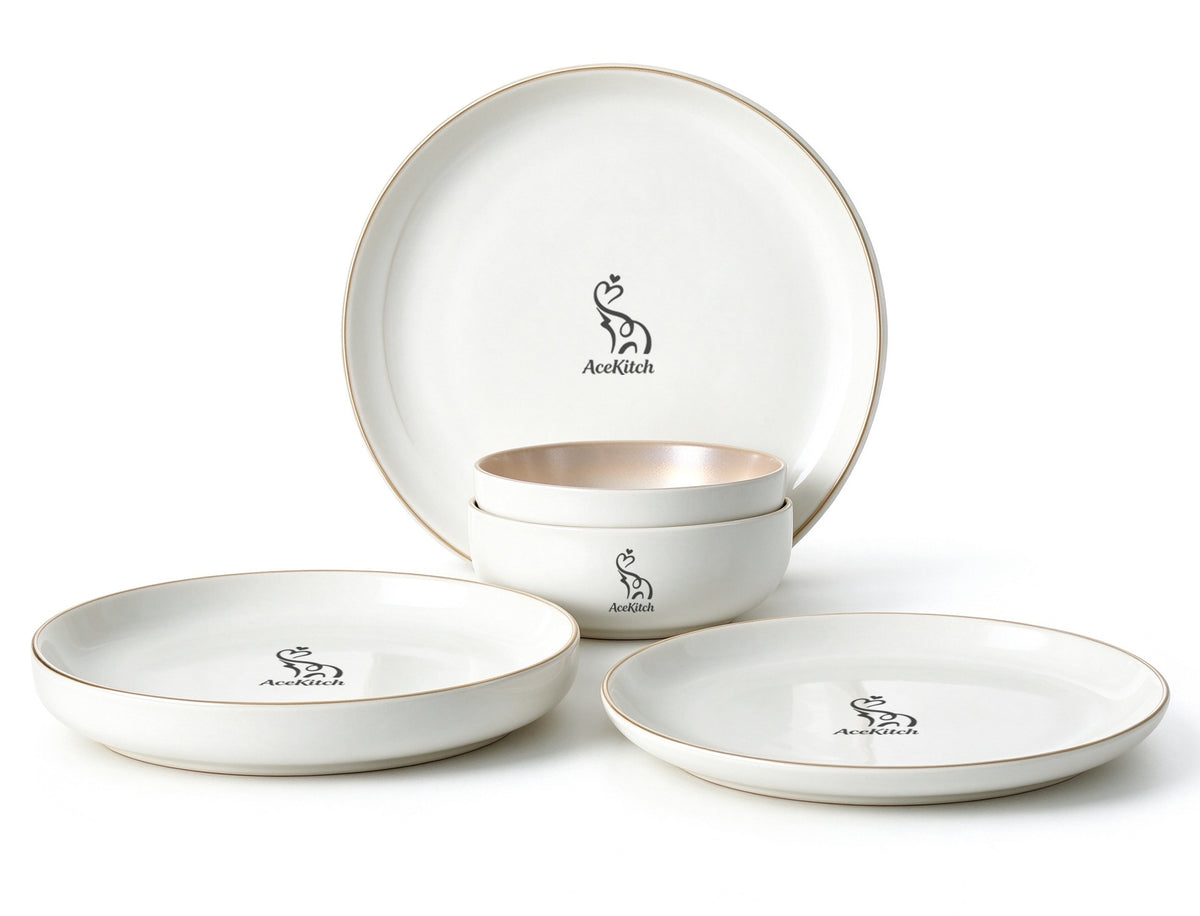 AceKitch Ceramic Dishware Set, Dinner Plates and Bowls Set, Cream White Gold Rim Porcelain Dish Set for Kitchen, Microwave & Dishwasher Safe