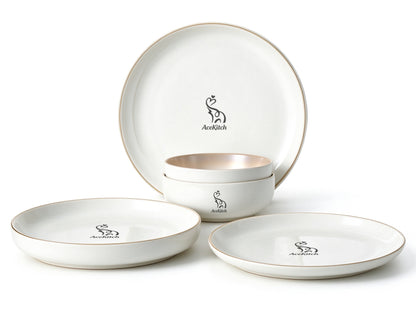 AceKitch Ceramic Dishware Set, Dinner Plates and Bowls Set, Cream White Gold Rim Porcelain Dish Set for Kitchen, Microwave & Dishwasher Safe