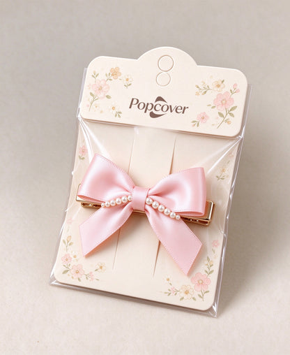 Popcover Pink Satin Bow Hair Barrettes, Elegant Pearl Decorated Bow Hair Clips, Sweet French Style Hair Barrettes for Women Girls Wedding Party Daily Hairstyle