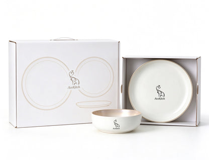 AceKitch Ceramic Dishware Set, Dinner Plates and Bowls Set, Cream White Gold Rim Porcelain Dish Set for Kitchen, Microwave & Dishwasher Safe