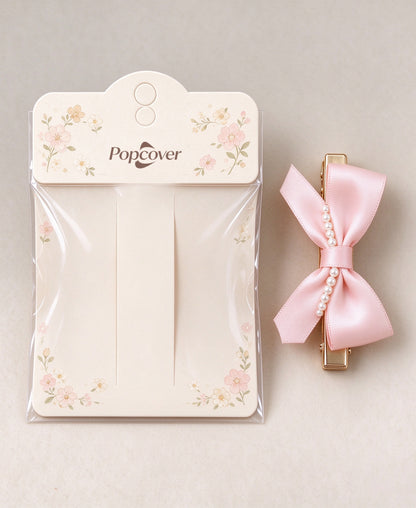 Popcover Pink Satin Bow Hair Barrettes, Elegant Pearl Decorated Bow Hair Clips, Sweet French Style Hair Barrettes for Women Girls Wedding Party Daily Hairstyle