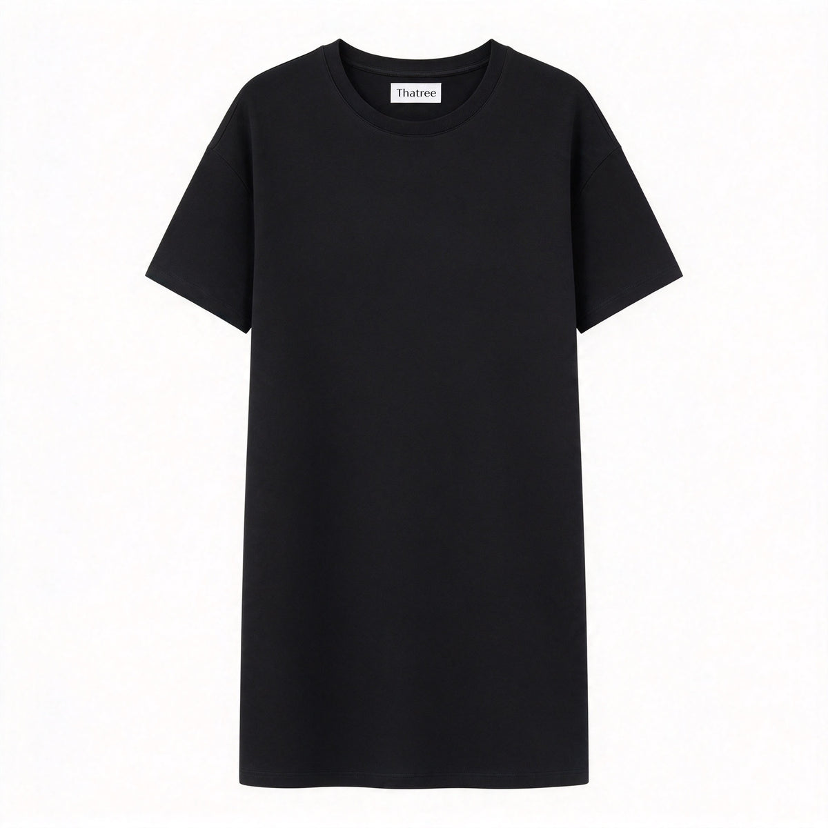 Thatree Black Crew Neck Short Sleeve T-shirt Dress, Soft Breathable Loose Drop Shoulder Solid Casual Straight Midi Dress