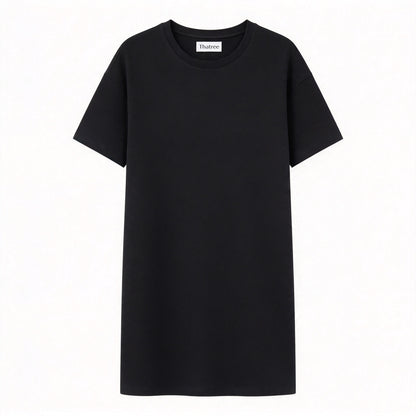 Thatree Black Crew Neck Short Sleeve T-shirt Dress, Soft Breathable Loose Drop Shoulder Solid Casual Straight Midi Dress