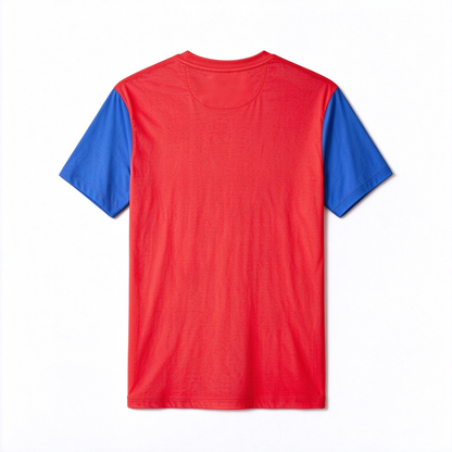 Runsweet Men’s Color Block Short Sleeve T-shirt, Red and Blue Contrast Crew Neck Tee, Breathable Casual Top for Sports and Daily Wear