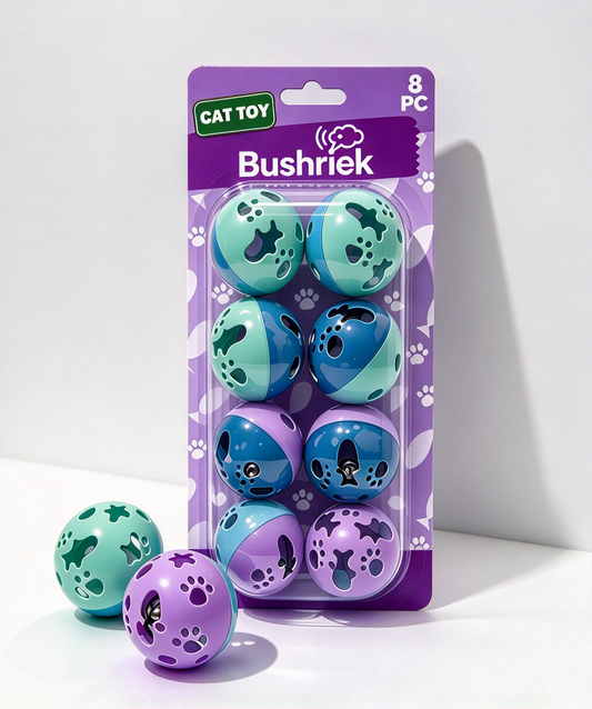 Bushriek Toy for Pets, 8 Pack Hollow Plastic Bell Balls, Colorful Paw Pattern Interactive Rolling Toy for Pets, Lightweight Play Balls for Indoor Cats Kittens