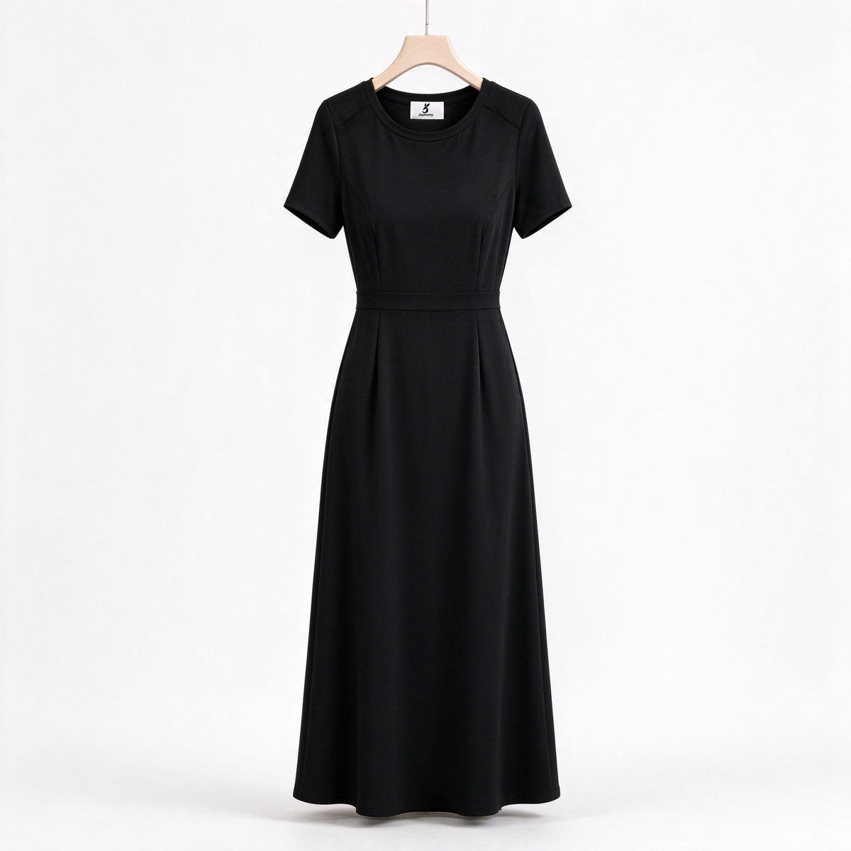 Joybunny Womens Round Neck Short Sleeve Midi Dress, Elegant Waist A Line Flowy Long Dress, Solid Black Casual Formal Dress for Office Party Daily Wear