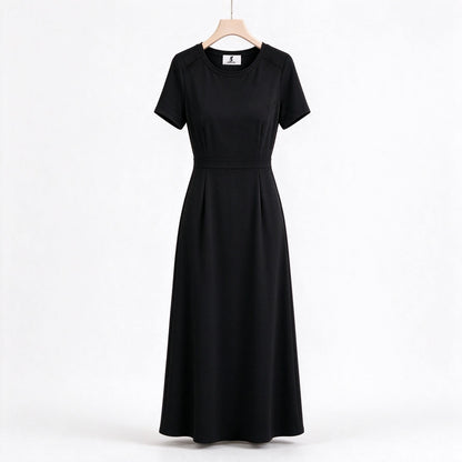Joybunny Womens Round Neck Short Sleeve Midi Dress, Elegant Waist A Line Flowy Long Dress, Solid Black Casual Formal Dress for Office Party Daily Wear