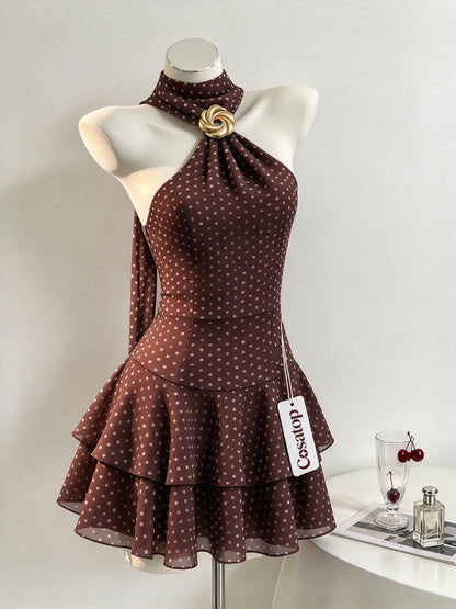Cosatop Women's Halter Polka Dot Mini Dress, Sleeveless Backless Ruffle Tiered Short Dress, Elegant Slim Fit Cocktail Party Dress with Decorative Gold Buckle