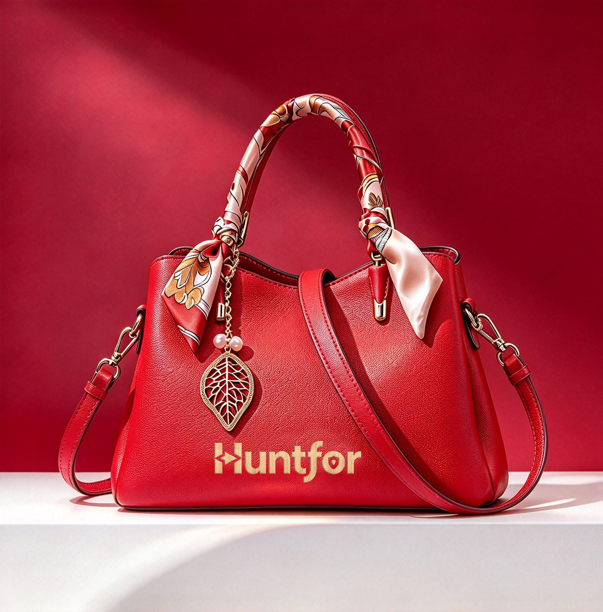 Huntfor Red Leather Ladies' Handbags, Elegant Top Handle Satchel Purse with Silk Scarf Decor, Detachable Shoulder Strap, Luxury Gift Box for Wedding, Anniversary