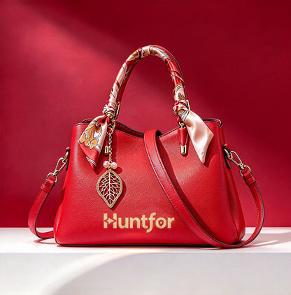 Huntfor Red Leather Ladies' Handbags, Elegant Top Handle Satchel Purse with Silk Scarf Decor, Detachable Shoulder Strap, Luxury Gift Box for Wedding, Anniversary