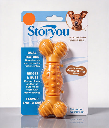 Storyou Dog Chew Toy, Durable Bone Shaped Pet Toys for Dogs Under 25 Lbs, Peanut Butter Flavor Dual Texture Rubber Pet Toys for Teeth Cleaning, Reduce Plaque & Tartar
