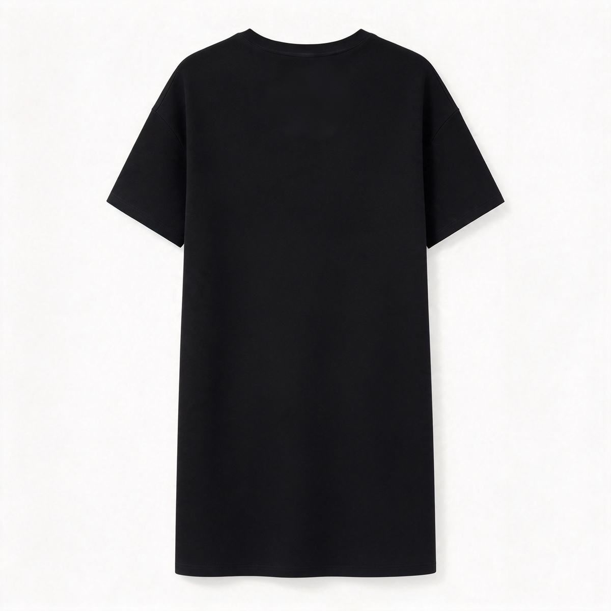Thatree Black Crew Neck Short Sleeve T-shirt Dress, Soft Breathable Loose Drop Shoulder Solid Casual Straight Midi Dress
