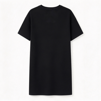 Thatree Black Crew Neck Short Sleeve T-shirt Dress, Soft Breathable Loose Drop Shoulder Solid Casual Straight Midi Dress
