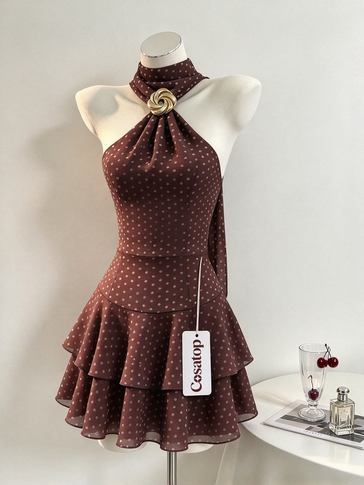 Cosatop Women's Halter Polka Dot Mini Dress, Sleeveless Backless Ruffle Tiered Short Dress, Elegant Slim Fit Cocktail Party Dress with Decorative Gold Buckle