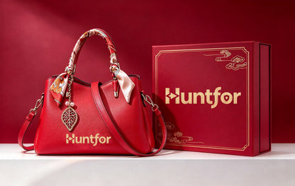 Huntfor Red Leather Ladies' Handbags, Elegant Top Handle Satchel Purse with Silk Scarf Decor, Detachable Shoulder Strap, Luxury Gift Box for Wedding, Anniversary