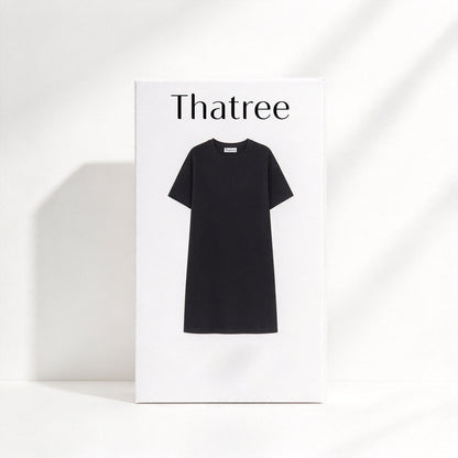 Thatree Black Crew Neck Short Sleeve T-shirt Dress, Soft Breathable Loose Drop Shoulder Solid Casual Straight Midi Dress