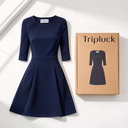 Tripluck Navy Round Neck Elbow Sleeve Fit and Flare Dress, Elegant Slim Business Work Formal Skater Dress