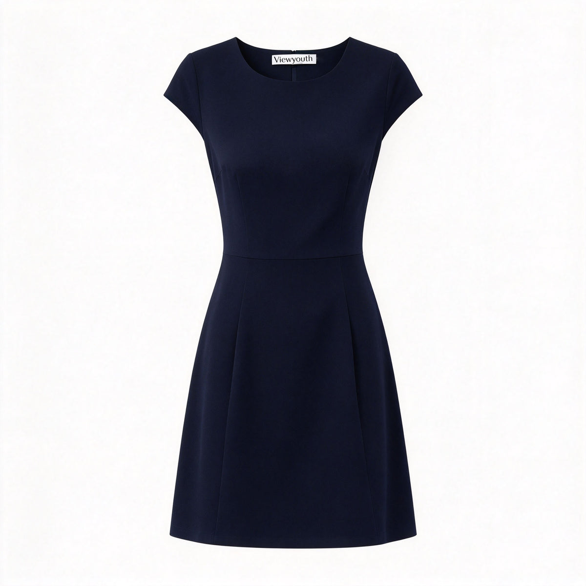 Viewyouth Navy Round Neck Cap Sleeve Fit and Flare Dress, Slim Elegant Business Work Short Formal Skater Dress