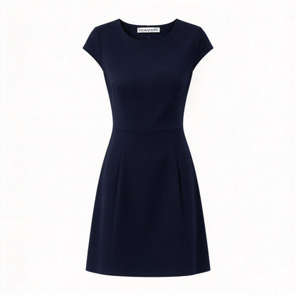 Viewyouth Navy Round Neck Cap Sleeve Fit and Flare Dress, Slim Elegant Business Work Short Formal Skater Dress