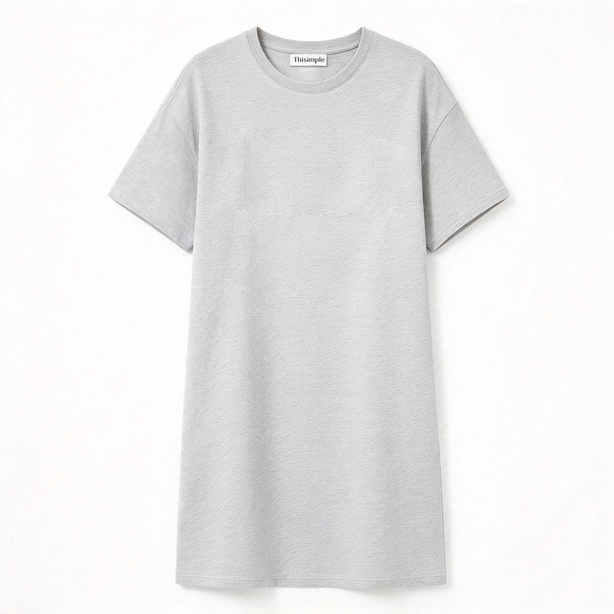 Thisimple Heather Gray Crew Neck Short Sleeve T-shirt Dress, Soft Breathable Loose Drop Shoulder Solid Casual Straight Figure Friendly Midi Dress