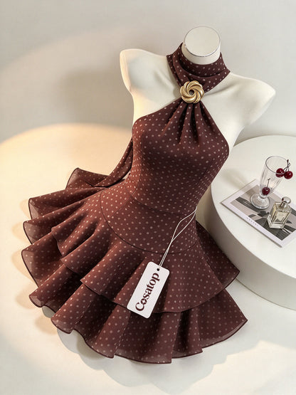Cosatop Women's Halter Polka Dot Mini Dress, Sleeveless Backless Ruffle Tiered Short Dress, Elegant Slim Fit Cocktail Party Dress with Decorative Gold Buckle