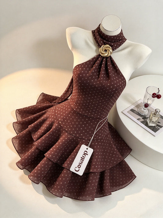 Cosatop Women's Halter Polka Dot Mini Dress, Sleeveless Backless Ruffle Tiered Short Dress, Elegant Slim Fit Cocktail Party Dress with Decorative Gold Buckle