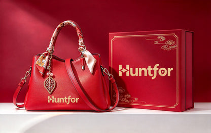 Huntfor Red Leather Ladies' Handbags, Elegant Top Handle Satchel Purse with Silk Scarf Decor, Detachable Shoulder Strap, Luxury Gift Box for Wedding, Anniversary