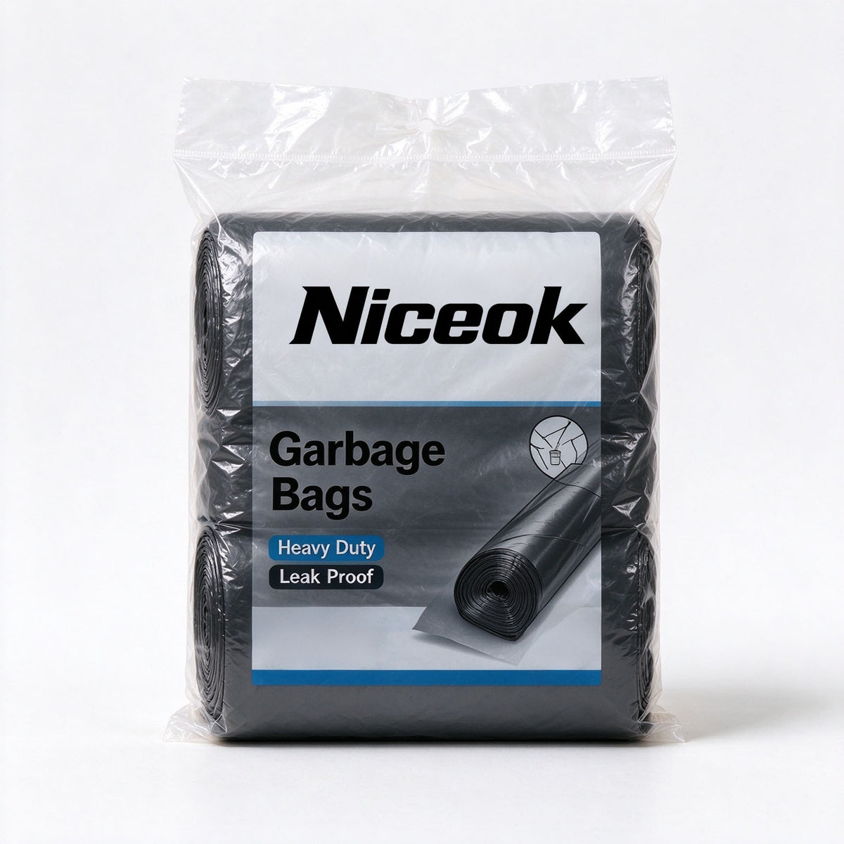 Niceok Heavy Duty Black Garbage Bags, Tear Resistant Leak Proof Roll Trash Bags, Large Capacity Waste Bags for Kitchen Home Garage Office