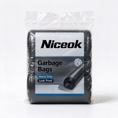 Niceok Heavy Duty Black Garbage Bags, Tear Resistant Leak Proof Roll Trash Bags, Large Capacity Waste Bags for Kitchen Home Garage Office