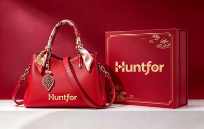 Huntfor Red Leather Ladies' Handbags, Elegant Top Handle Satchel Purse with Silk Scarf Decor, Detachable Shoulder Strap, Luxury Gift Box for Wedding, Anniversary