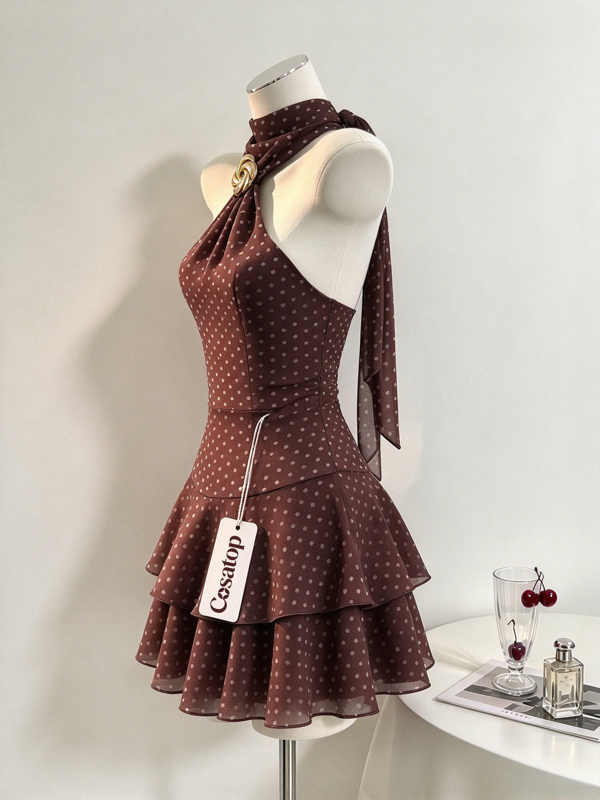 Cosatop Women's Halter Polka Dot Mini Dress, Sleeveless Backless Ruffle Tiered Short Dress, Elegant Slim Fit Cocktail Party Dress with Decorative Gold Buckle