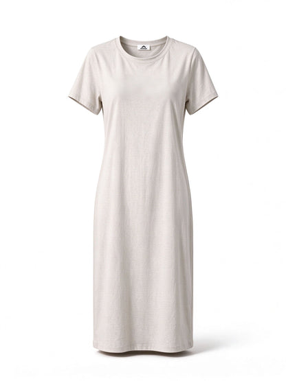 Steelape Womens Crew Neck Short Sleeve Midi Dress, Heather Oatmeal Soft Casual T-Shirt Dress, Loose Straight Comfortable Lounge Dress for Daily Summer Wear