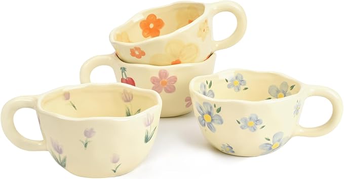 2 Pieces Ceramic Coffee Mugs, Creative Cute Flower Cup for Office and Home, 8.5 oz/250 ml Aesthetic Mug for Latte Tea Milk (2 Orange Flower)