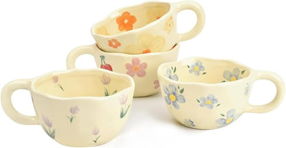 2 Pieces Ceramic Coffee Mugs, Creative Cute Flower Cup for Office and Home, 8.5 oz/250 ml Aesthetic Mug for Latte Tea Milk (2 Orange Flower)