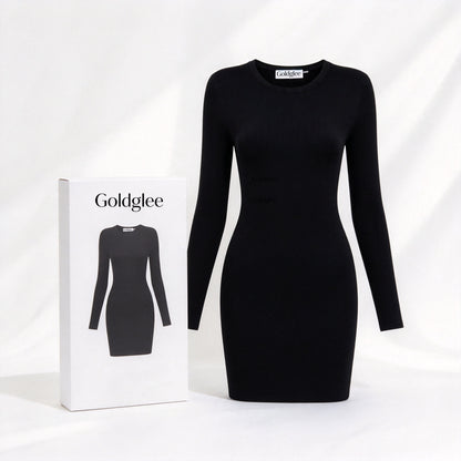 Goldglee Women's Long Sleeve Crew Neck Bodycon Mini Dress, Slim Fit Ribbed Knit Short Dress for Club Evening Party Daily Wear