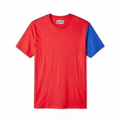 Runsweet Men’s Color Block Short Sleeve T-shirt, Red and Blue Contrast Crew Neck Tee, Breathable Casual Top for Sports and Daily Wear