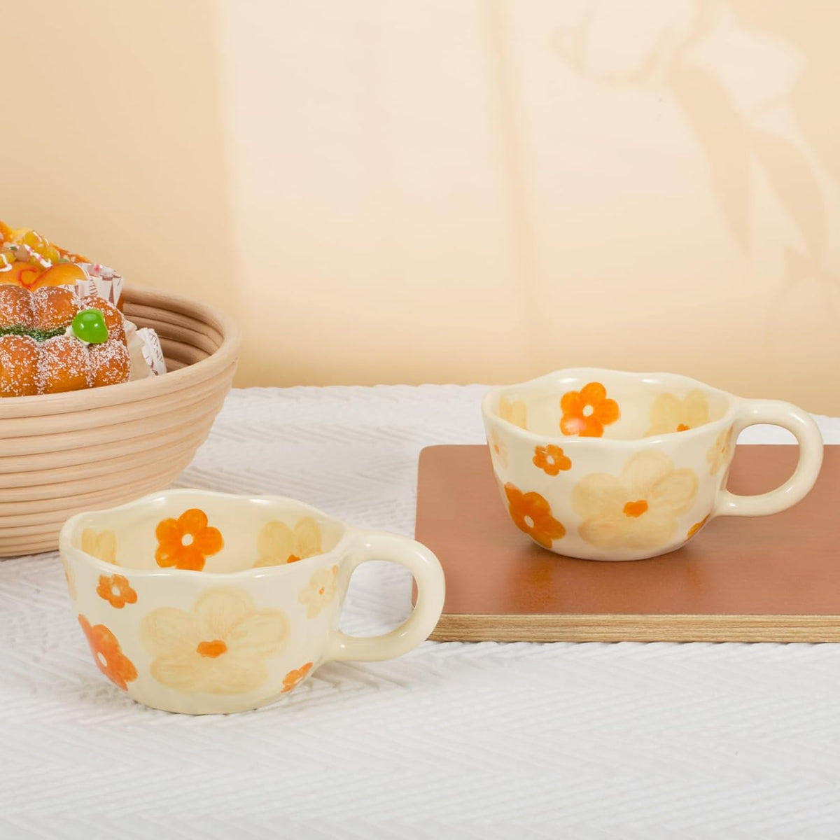 2 Pieces Ceramic Coffee Mugs, Creative Cute Flower Cup for Office and Home, 8.5 oz/250 ml Aesthetic Mug for Latte Tea Milk (2 Orange Flower)