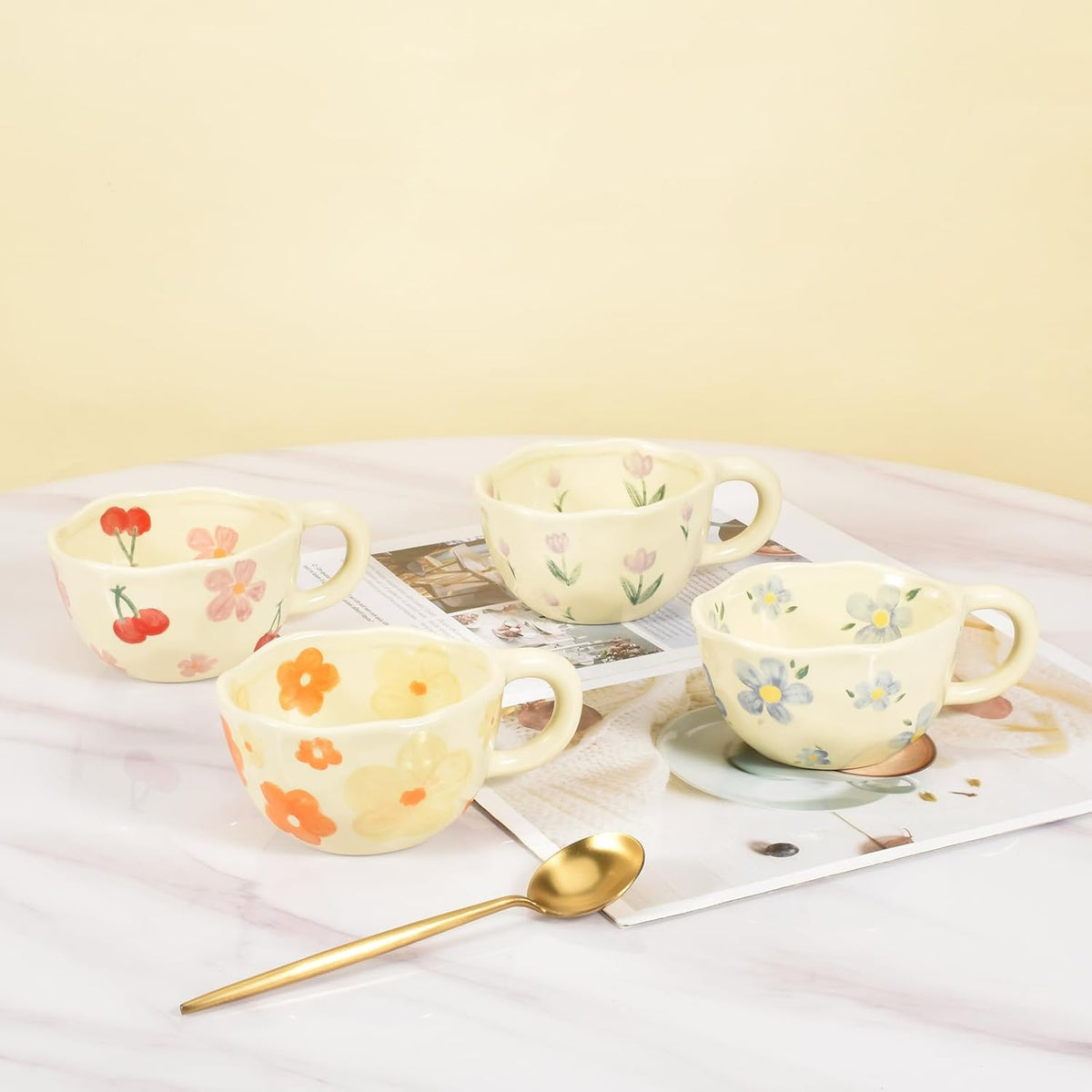2 Pieces Ceramic Coffee Mugs, Creative Cute Flower Cup for Office and Home, 8.5 oz/250 ml Aesthetic Mug for Latte Tea Milk (2 Orange Flower)