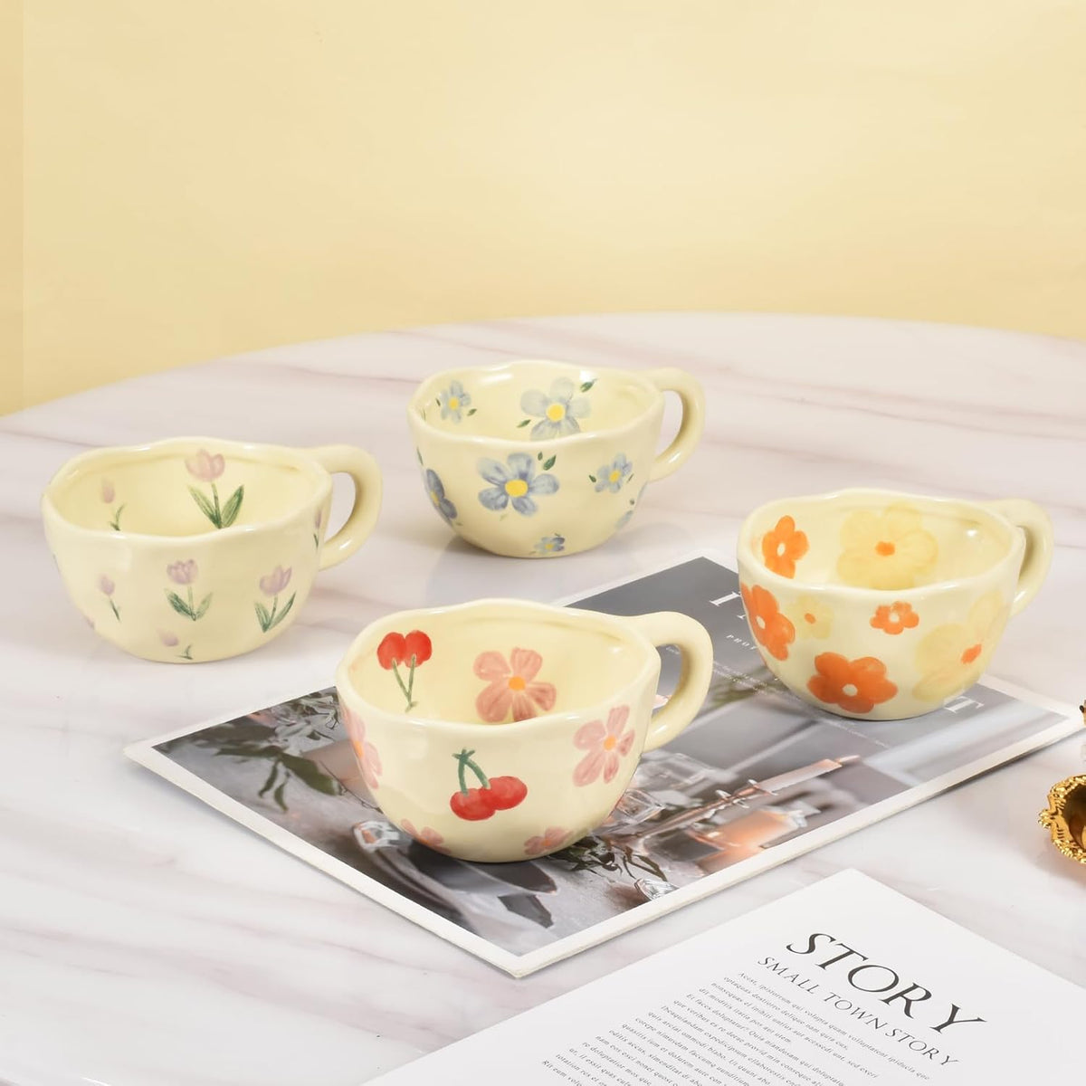 2 Pieces Ceramic Coffee Mugs, Creative Cute Flower Cup for Office and Home, 8.5 oz/250 ml Aesthetic Mug for Latte Tea Milk (2 Orange Flower)