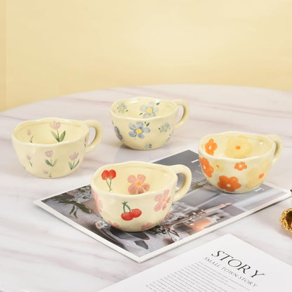 2 Pieces Ceramic Coffee Mugs, Creative Cute Flower Cup for Office and Home, 8.5 oz/250 ml Aesthetic Mug for Latte Tea Milk (2 Orange Flower)