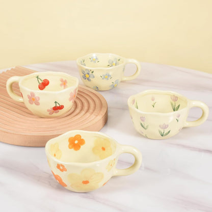 2 Pieces Ceramic Coffee Mugs, Creative Cute Flower Cup for Office and Home, 8.5 oz/250 ml Aesthetic Mug for Latte Tea Milk (2 Orange Flower)