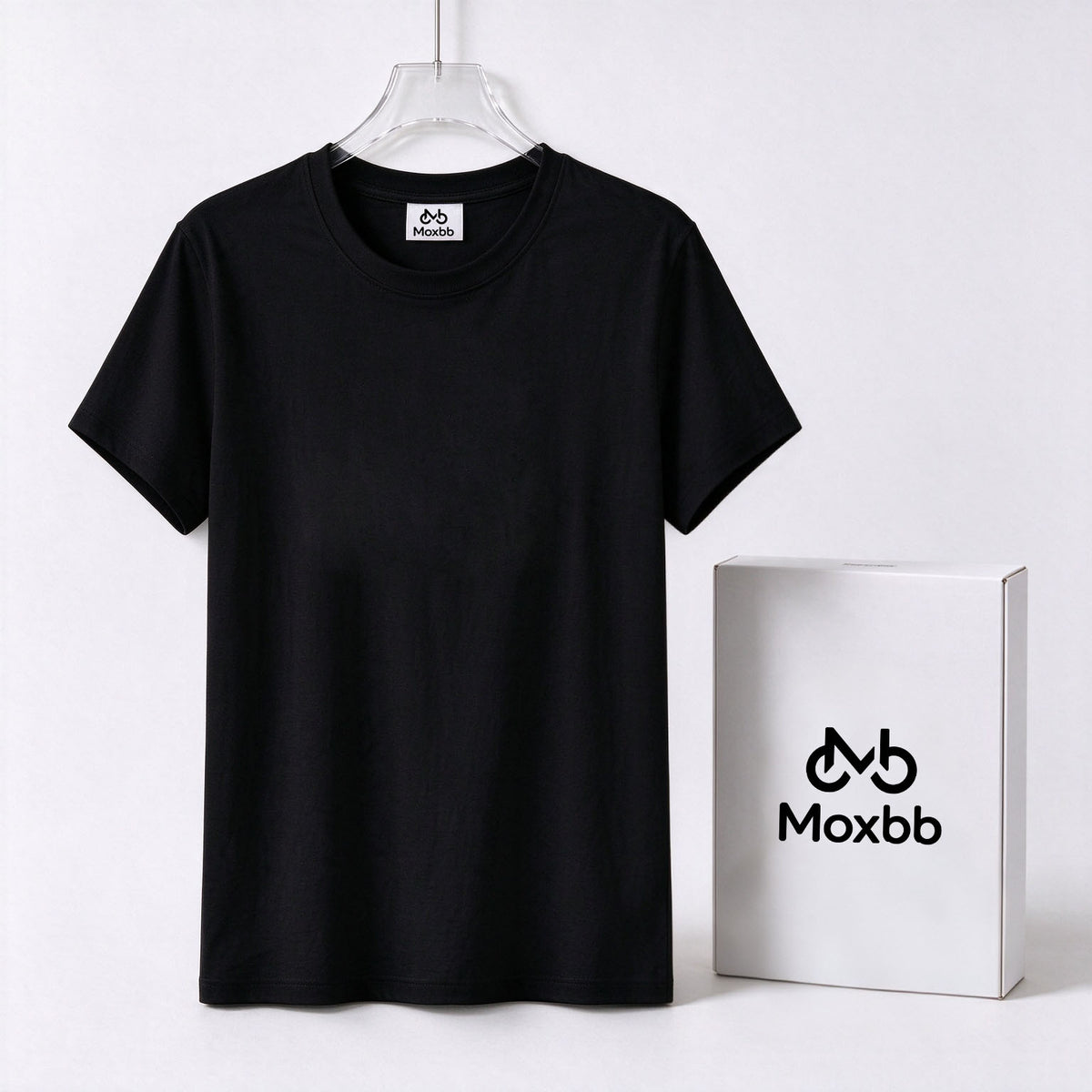 Moxbb Womens Crew Neck Short Sleeve T-Shirt, Classic Solid Black Soft Cotton Basic Tee, Casual Slim Fit Top for Summer Daily Office Workout
