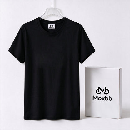 Moxbb Womens Crew Neck Short Sleeve T-Shirt, Classic Solid Black Soft Cotton Basic Tee, Casual Slim Fit Top for Summer Daily Office Workout