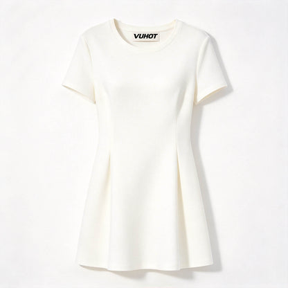 VUHOT Women's Short Sleeve Round Neck Mini Dress, Elegant Solid Cream White Fit and Flare A Line Dress, Casual Chic Short Dress for Daily Dating Party