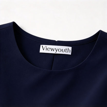 Viewyouth Navy Round Neck Cap Sleeve Fit and Flare Dress, Slim Elegant Business Work Short Formal Skater Dress
